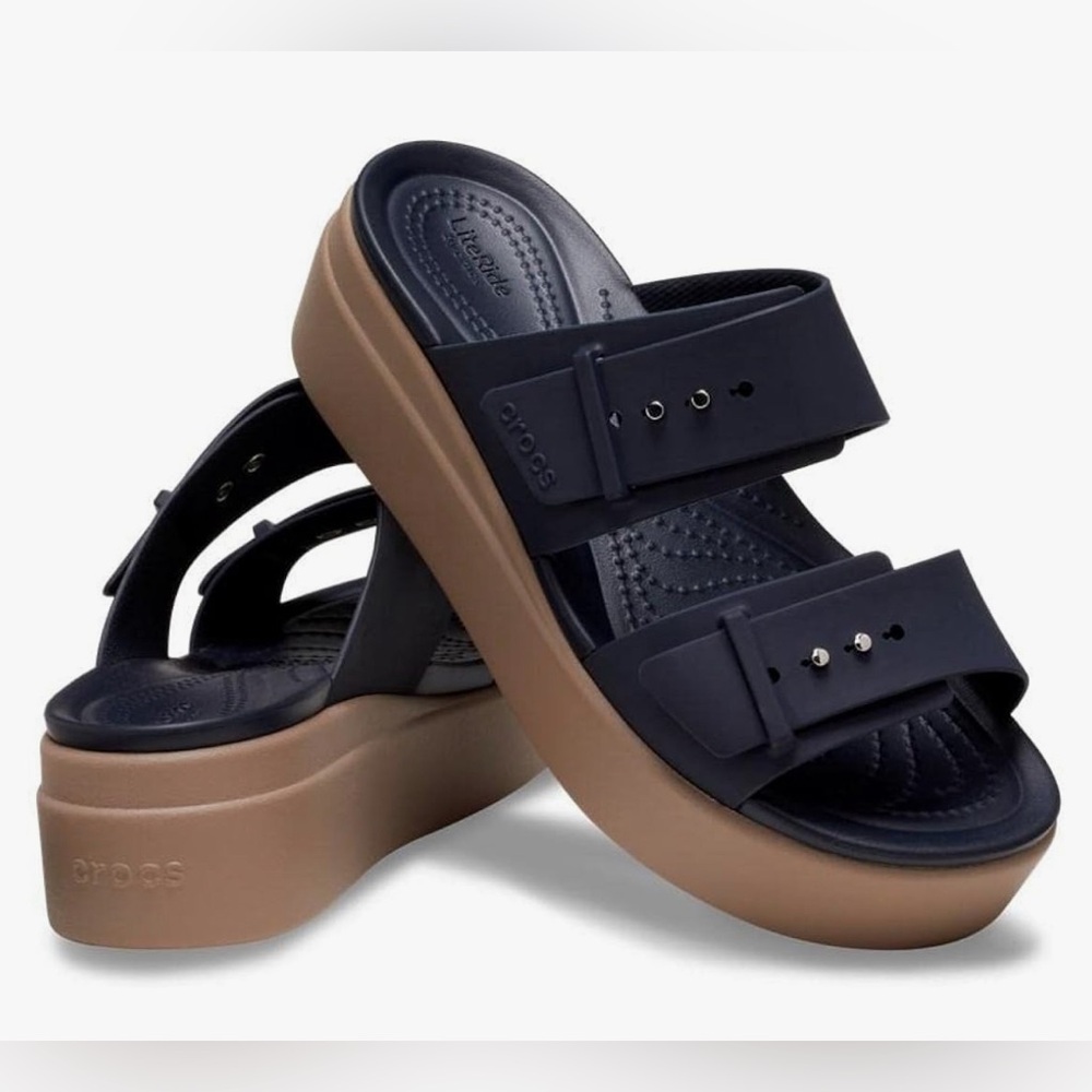 CROCS Women's Navy Dual-Strap Platform Sandals with Tan Sole